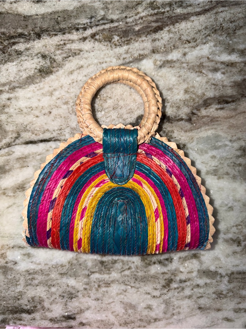 Colorful Rainbow Straw Mini Bag with Teal Accent